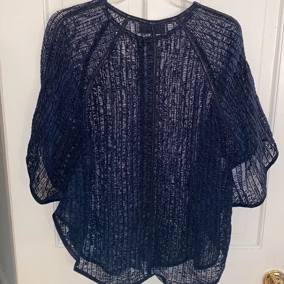 Per Se by Carlisle navy leather open mesh zip front cardigan poncho NWOT